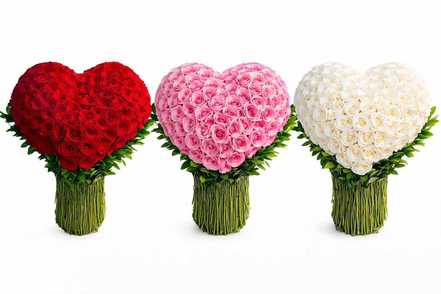 Three heart-shaped flower bouquets in red, pink, and white on a white background