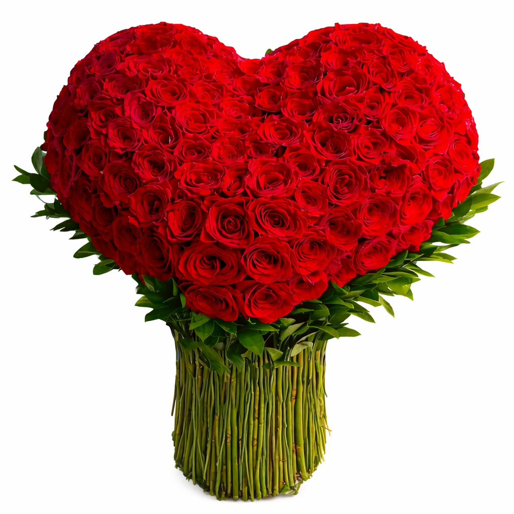  red heart shaped rose bouquet with premium fresh roses arranged in a romantic heart design.